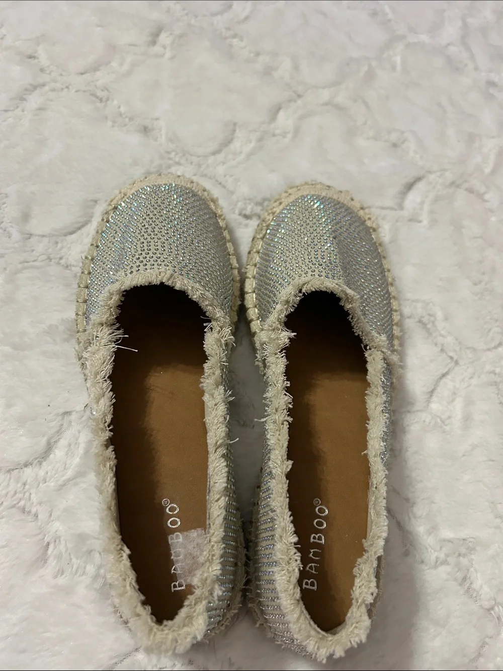BAMBOO Cream Espadrille Slip-Ons with Rhinestone Studs